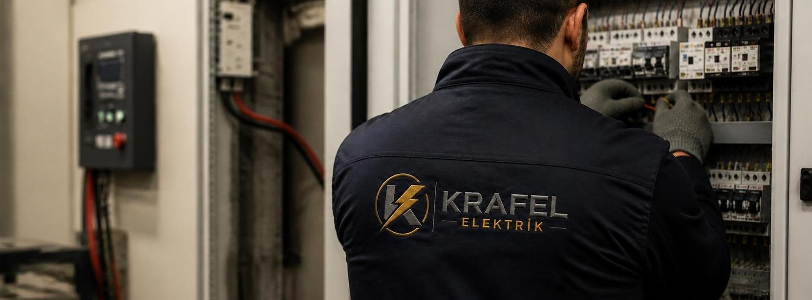 Krafel Elektrik — Endüstriyel elektrik panosu üzerinde çalışan teknisyen